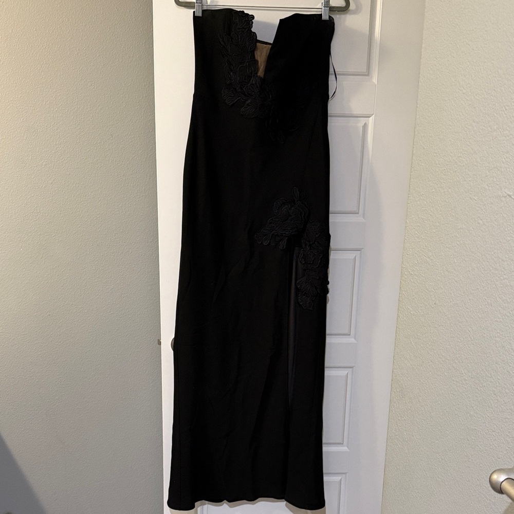 SAULEE Black Strapless Gown with Floral Appliqué